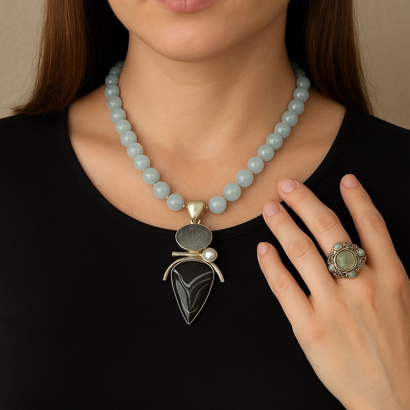 Sterling Silver Gemstone Jewelry Set Necklace Ring Aquamarine Druzy Quartz More - Picture 1 of 8